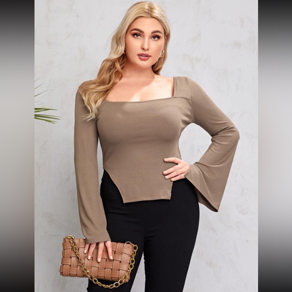 SHEIN Taupe Square Neck Bell Sleeve Top